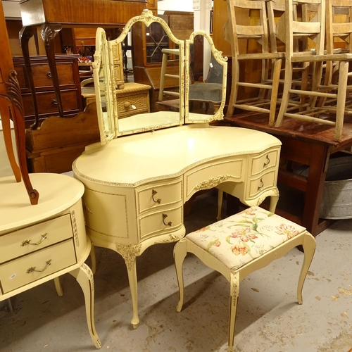 2617 - A cream-finished serpentine-front triple mirror dressing table, and foot stool, L125cm