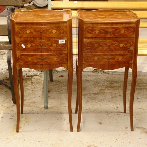 2618 - A pair of French walnut 3-drawer bedside chests, W37cm, H75cm, D31cm