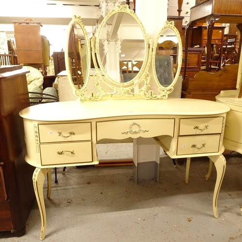 2619 - A cream-finished serpentine-front kneehole triple mirror dressing table, L133cm