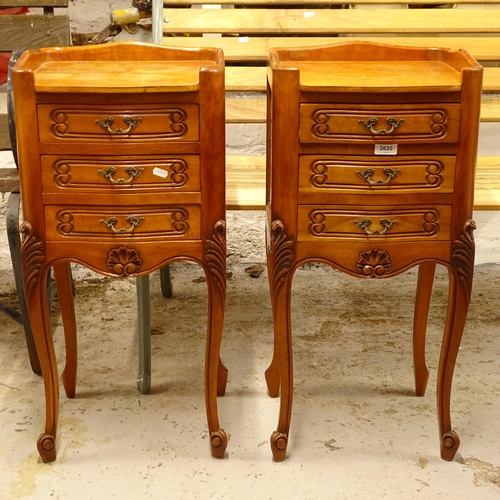 2620 - A pair of French cherrywood 3-drawer bedside chests, W36cm, H77cm, D34cm