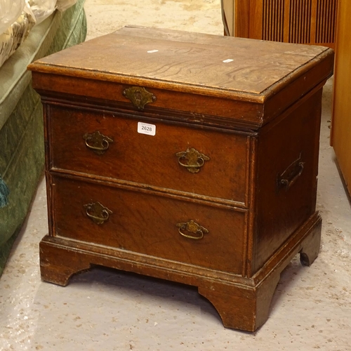 2628 - An 18th century oak coal box/cellarette, in form of a miniature 2-drawer chest, with 2-handled metal... 