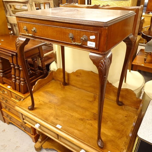 2629 - An Edwardian mahogany side table with single frieze drawer, on shell carved cabriole legs, W65cm, H7... 