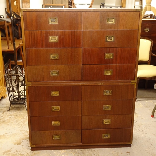 2637 - A teak veneered campaign style chest on chest, with 16 short fitted drawers, W101cm, H134cm, D35cm