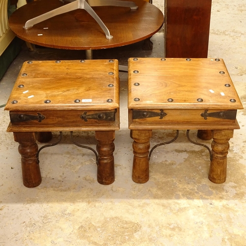 2638 - A pair of sheesham square lamp tables, with studded wrought-iron decoration