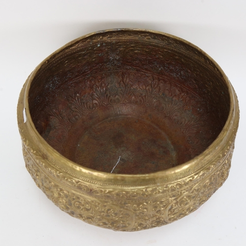 518 - A large chinese brass spittoon, with embossed scrolled foliate design, diameter 39cm