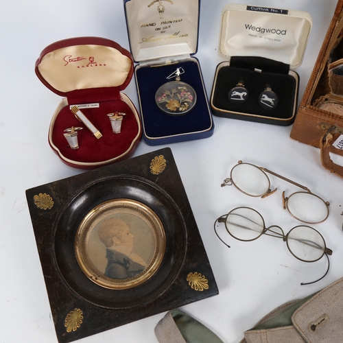 536 - A 19th century framed miniature portrait of a gentleman, height 13cm overall, cufflinks, spectacles,... 