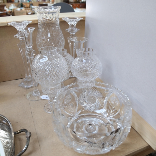 544 - A pair of glass candlesticks, 30.5cm, candle holders with separate shades, cut-crystal bowl etc