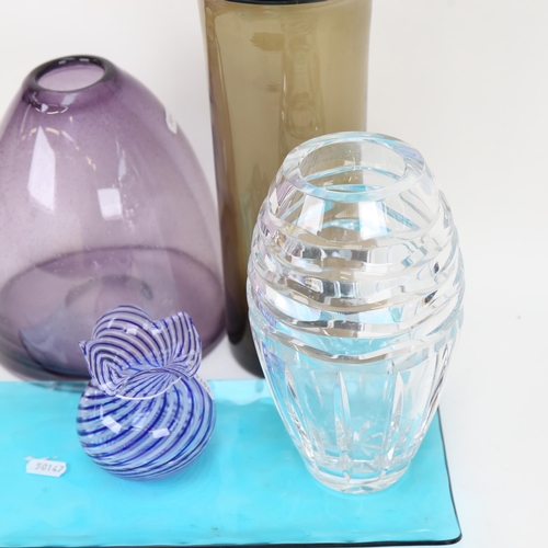 563 - An amethyst Art glass vase, 21cm, 2 others, a cut-crystal vase, and a glass dish