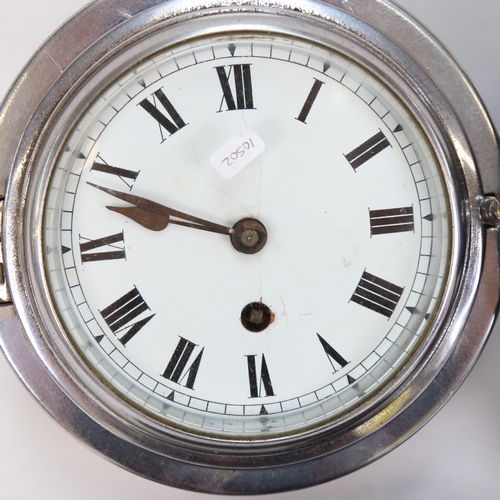 575 - A chrome-framed Vintage bulkhead clock, with enamel dial, 17cm, and a wall clock, with weights and p... 