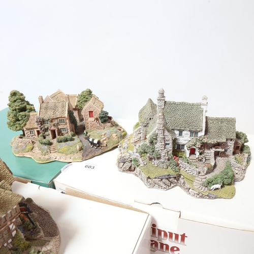 603 - 3 Lilliput Lane sculptures, High Ghyll Farm, Bluebell Farm, and The King's Arms, boxed