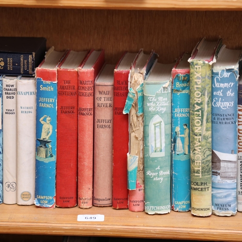 649 - A shelf of books, including Dennis Wheatley, various expeditions, and English History