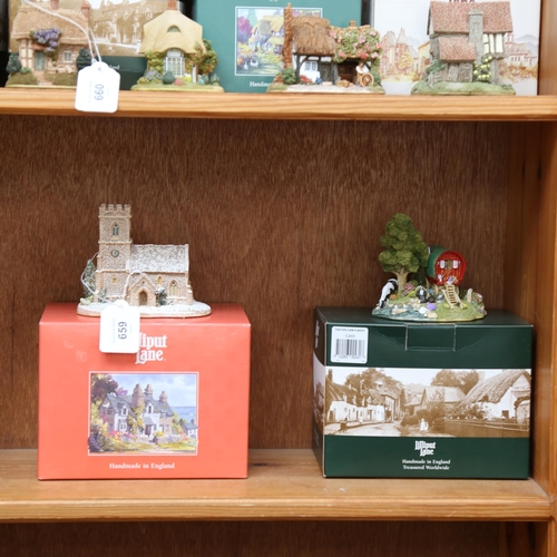 659 - 2 Lilliput Lane cottages, a tower, a church, and a caravan, boxed