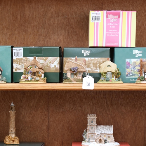 660 - A shelf of 19 boxed small Lilliput Lane cottages, including The Old Forge, and Waterside Mill