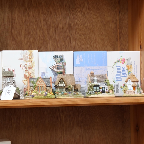 663 - A shelf of 10 Lilliput Lane cottages, church etc, boxed