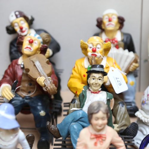 677 - Composition clown musicians, porcelain figures including Royal Doulton etc