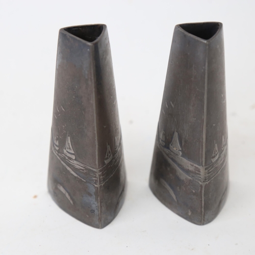 711 - WMF - pair of plated spill vases of tapered triangular form, with relief moulded designs of Dutch ch... 