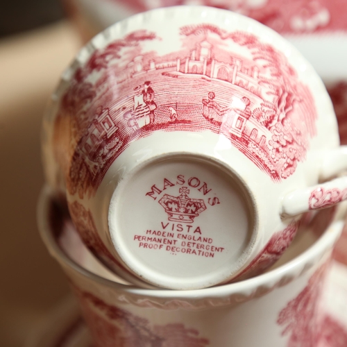 716 - Masons pink and white Vista patterned tea kettle, height 29cm, matching cheese and butter dishes etc