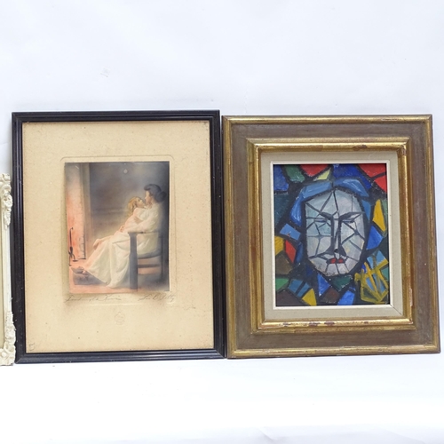 1512 - Various pictures and prints, including French abstract oil on board (8)