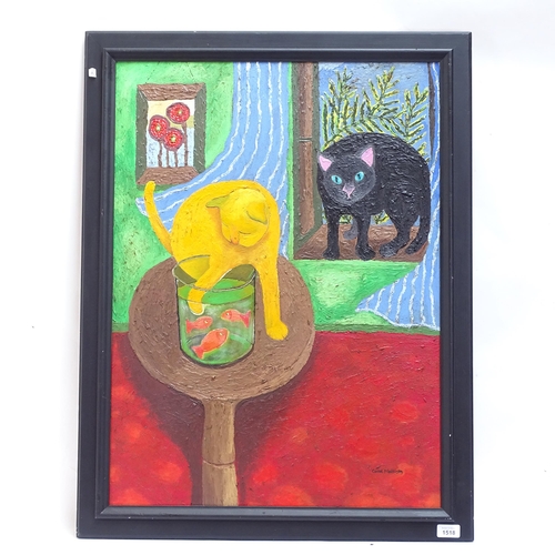 1518 - Carol Maddison, contemporary oil on board, modernist interior scene with cats, signed, 76cm x 56cm, ... 