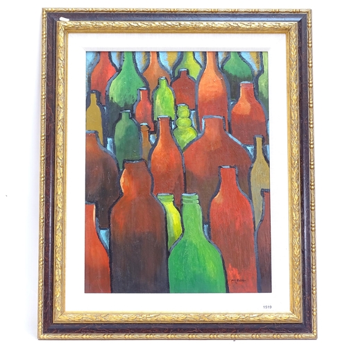 1519 - Carol Maddison, contemporary oil on canvas, modernist study of bottles, signed, 62cm x 47cm, framed