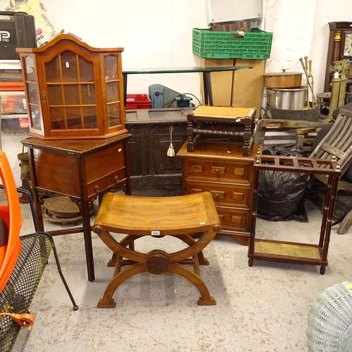 2648 - A walnut stool on X-shaped base, an Edwardian mahogany sewing cabinet, a 3-drawer bedside chest, a s... 