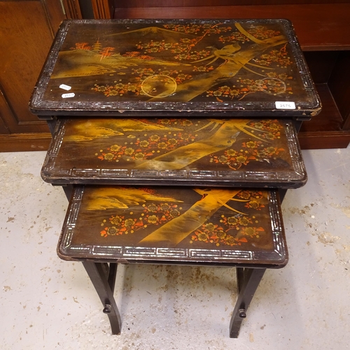 2676 - A Chinese black lacquered nest of 3 occasional tables, with chinoiserie decoration, widest 60cm