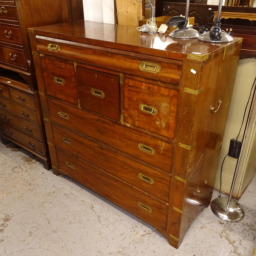 2690 - An Antique mahogany 2-section secretaire military chest, with recessed brass handles, and brass moun... 