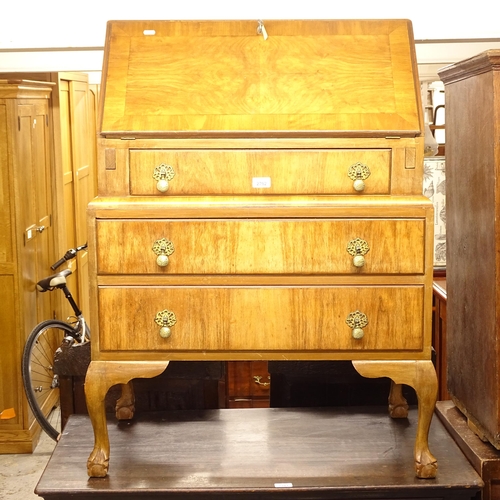 2702 - A 1930s walnut 3-drawer bureau, W77cm, H102cm, D46cm