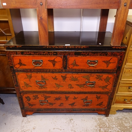 2710 - A Chinese design black and red lacquered chest of 4 drawers, W100cm, H88cm, D45cm