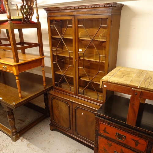 2713 - A reproduction mahogany 2-section library bookcase, W93cm, H186cm, D38cm