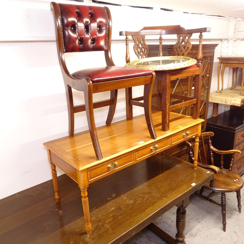 2716 - A yew wood rectangular coffee table, with 3 frieze drawers, a gilt-framed oval mirror, a mahogany co... 