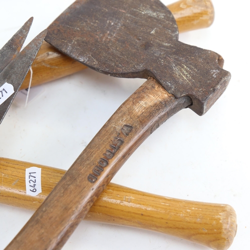 738 - Ascot Steampunk hedge clippers, 2 pairs of sheep shears, and a hand axe by W Stroud, length 35cm