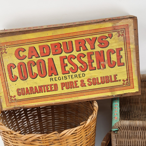 744 - An early 20th century Cadbury's pine box, and 3 Vintage wicker baskets (4)