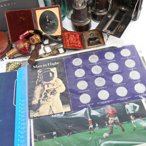 756 - Vintage binoculars, tape, daguerreotye, Union Jack, football and space badges etc