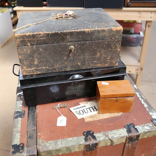 772 - A Vintage cabin trunk with stickers, length 90cm, a tin Deed box, and 2 other boxes