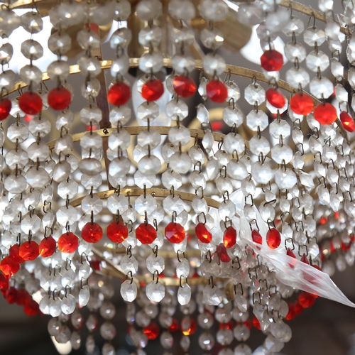 795 - Ornate Vintage large gilt-metal chandelier, with chains of red and clear lustre drops, diameter 60cm