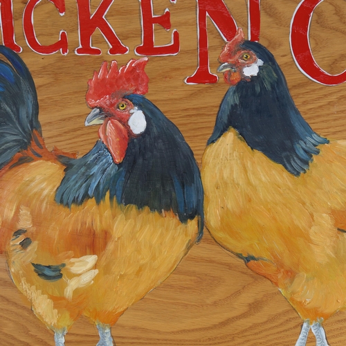 798 - Clive Fredriksson, painted wood chicken coup sign, with coat hooks, 82cm across