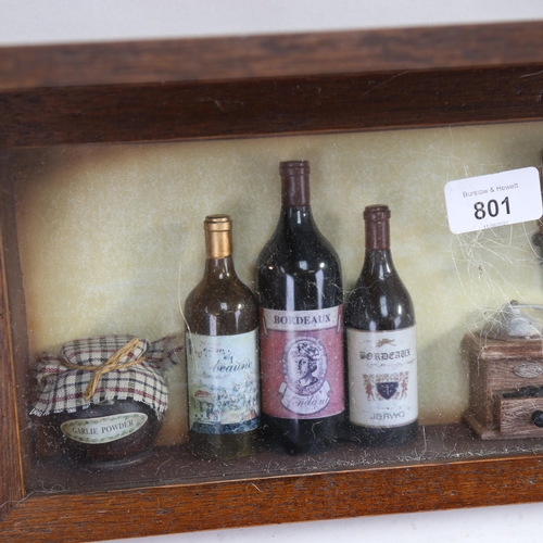 801 - An oak shelf, with glazed display case of kitchen items, length 60cm