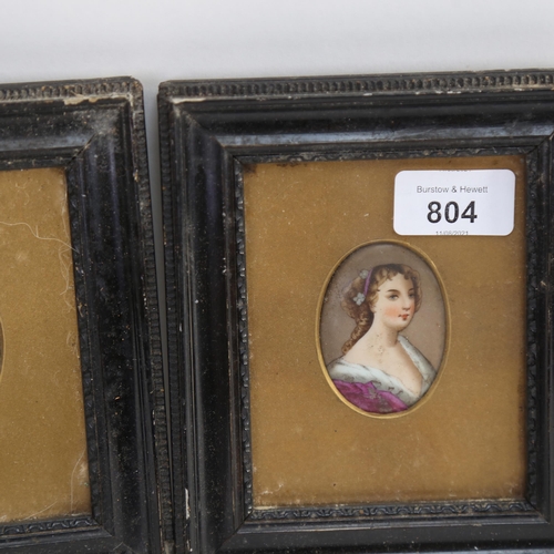 804 - A pair of miniature portrait paintings on porcelain panels, framed, height 16cm overall