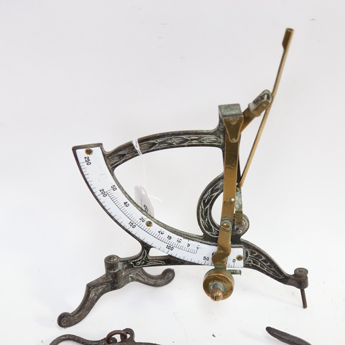 809 - A Victorian brass and enamel gram letter scale, height 24cm overall, and another Victorian scale