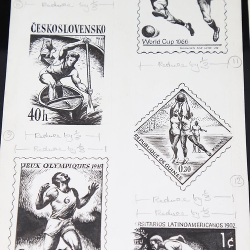 195 - 2 sheets of original pen and ink designs for postage stamps, stamps verso for Kearley Ltd London