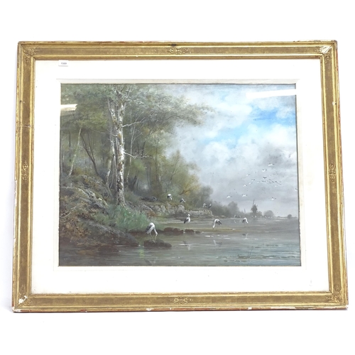 1589 - Langerock, large watercolour, herons on a riverbank, 88cm x 68cm