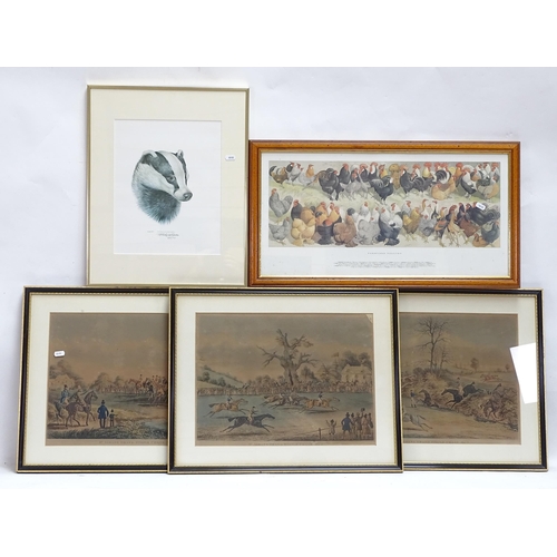 1605 - A set of 3 19th century steeplechase prints, a watercolour, English street scene, and several other ... 