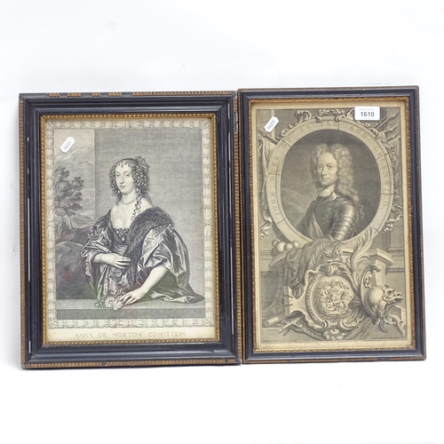 1610 - 5 18th century monochrome engravings, portrait studies, framed