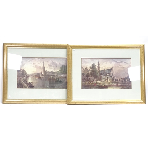 1616 - A set of 4 coloured prints, studies of 18th century river and town scenes, 52cm x 32cm, gilt-framed