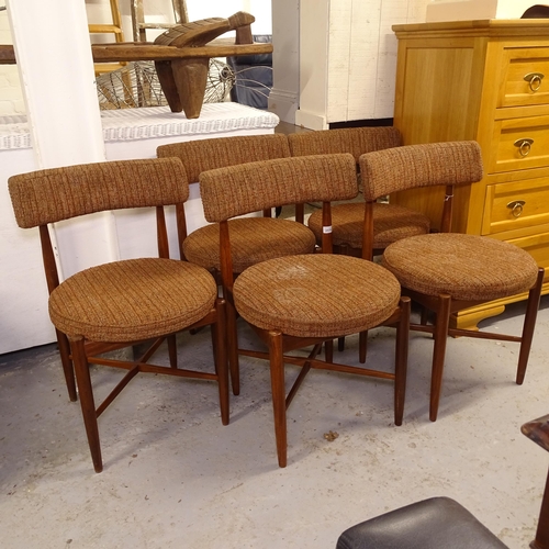 2574 - A set 5 of G-plan teak dining chairs, with brown looped wool upholstery, height 77cm