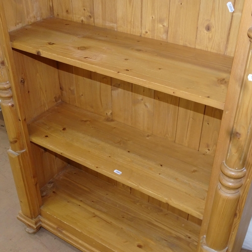 2023 - A modern polished pine open bookcase, W93cm, H202cm, D33cm, shelf depth 25cm