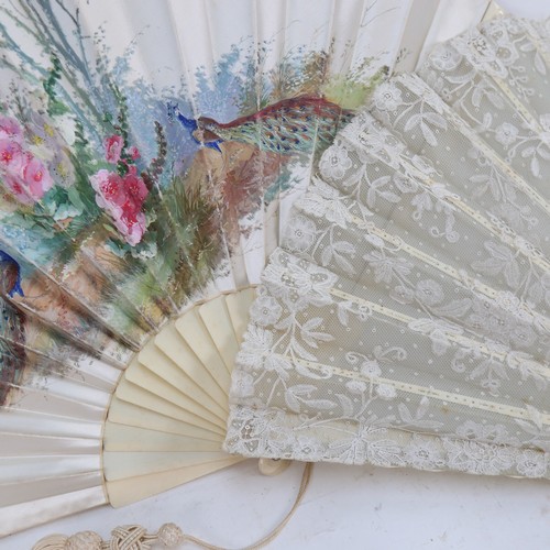 204 - Two vintage breeze fans with lace and silk panels