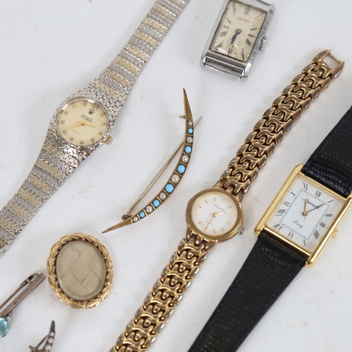 1002 - Various wristwatches and jewellery, including Longines, crescent brooches etc