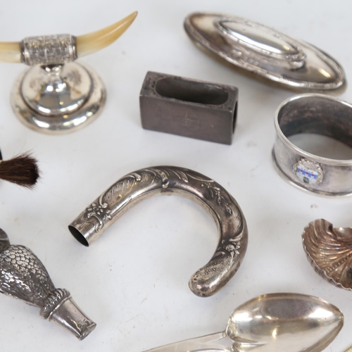 1034 - Various silver and plate, including French silver parasol handle, silver matchbox case, 2 Georgian s... 